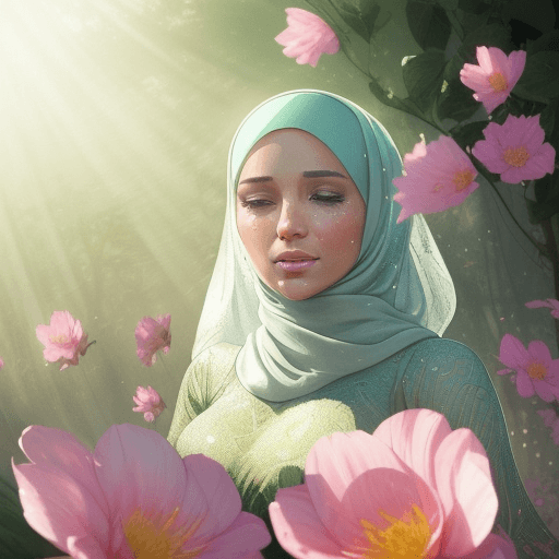 AI generated: Dew drops on petals, Morning sunbeams gently warm, Nature's beauty shines, a woman wearing a hijab| ...