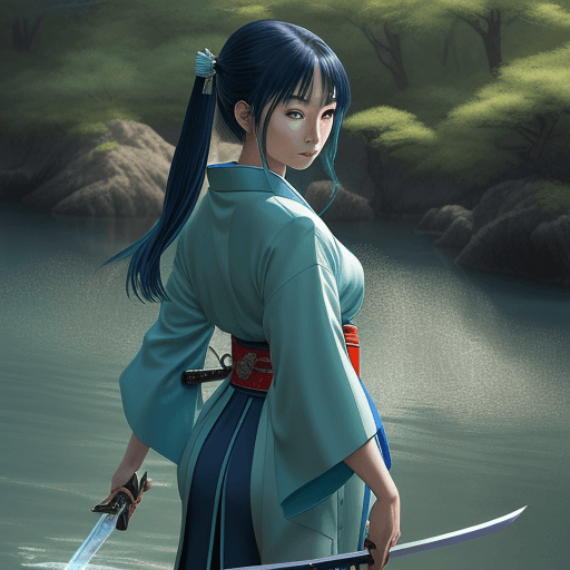 AI generated: A beautiful Japanese woman in a green kimono holding her sword in, in the style of hyper-realistic w...