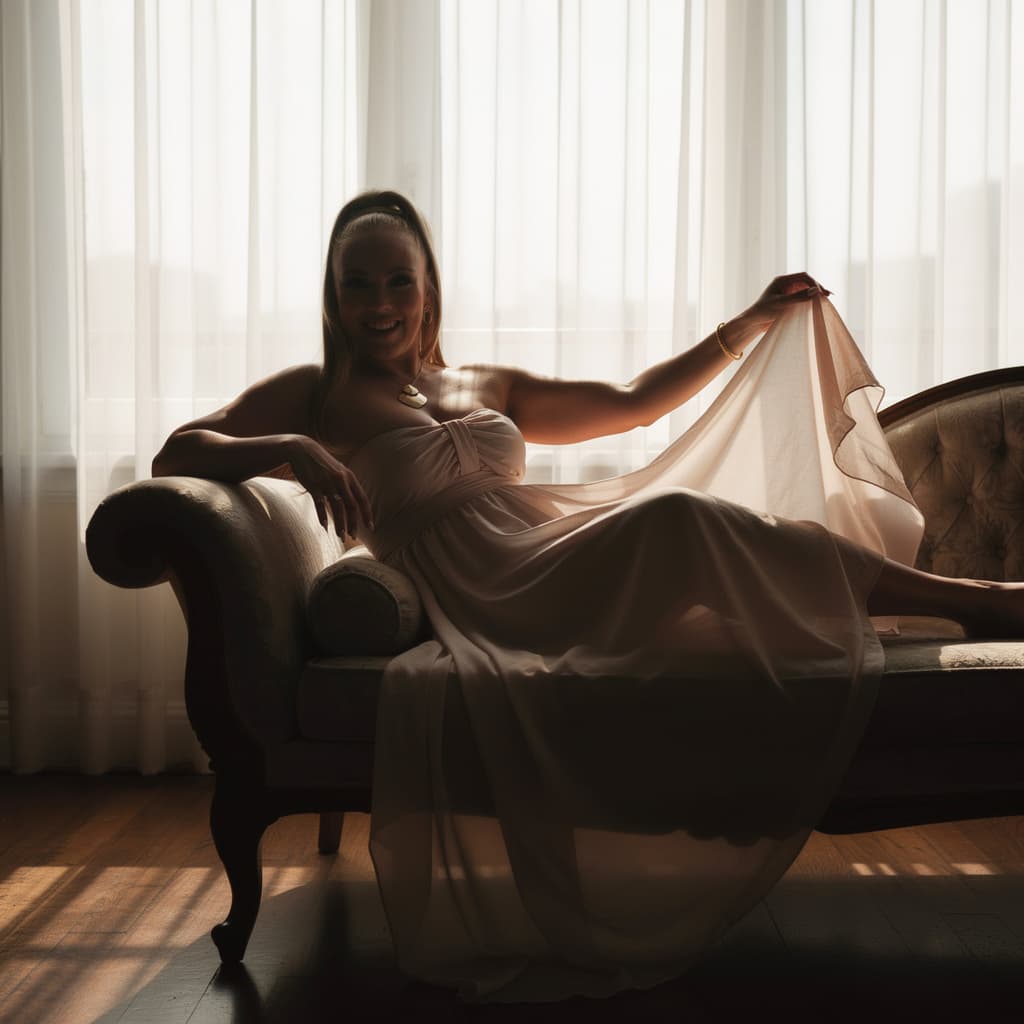 AI generated: 
1. Capture a soft morning glow streaming through sheer curtains as the subject reclines gracefully ...