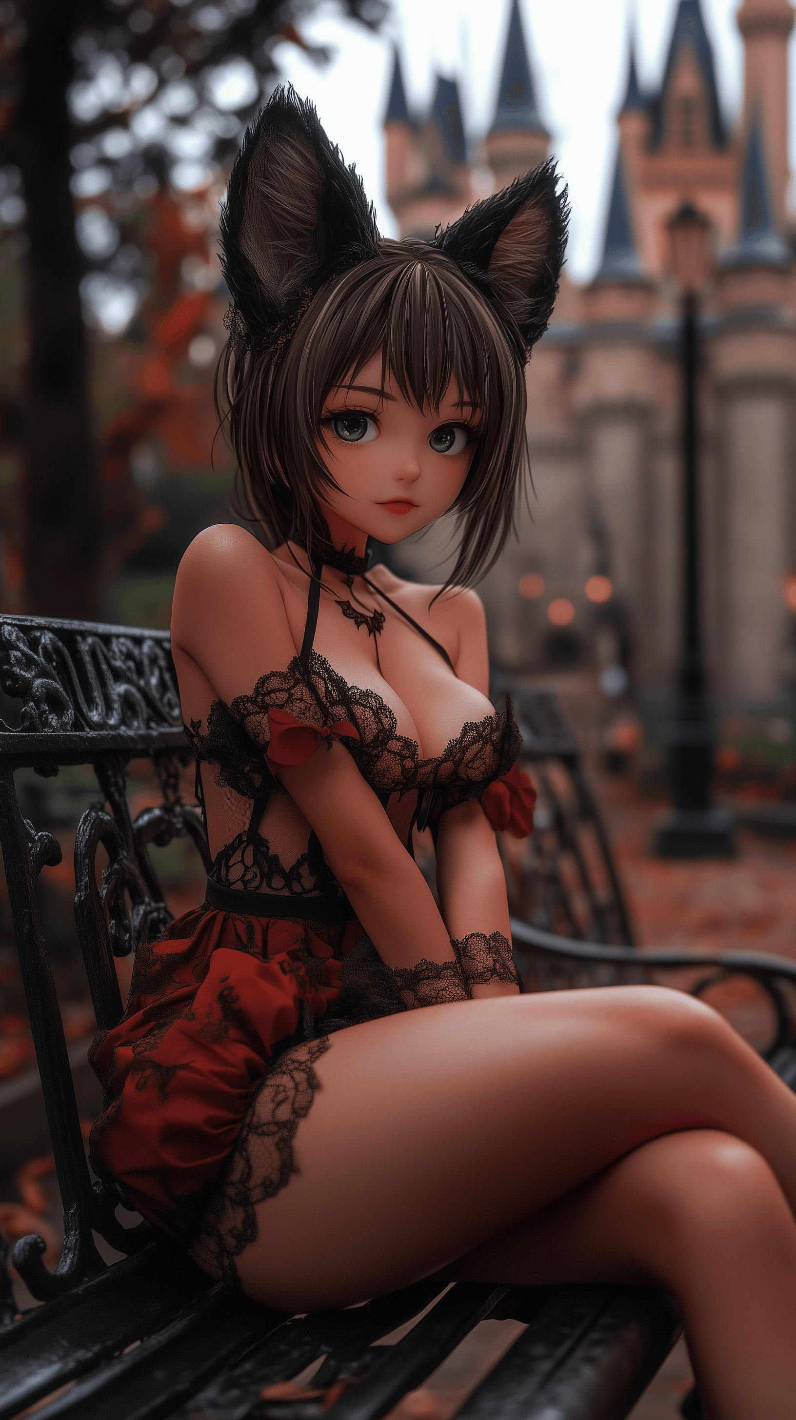 AI generated: Masterpiece, the best quality, high-res, cat ears, black hair, castle background, green eyes, sittin...