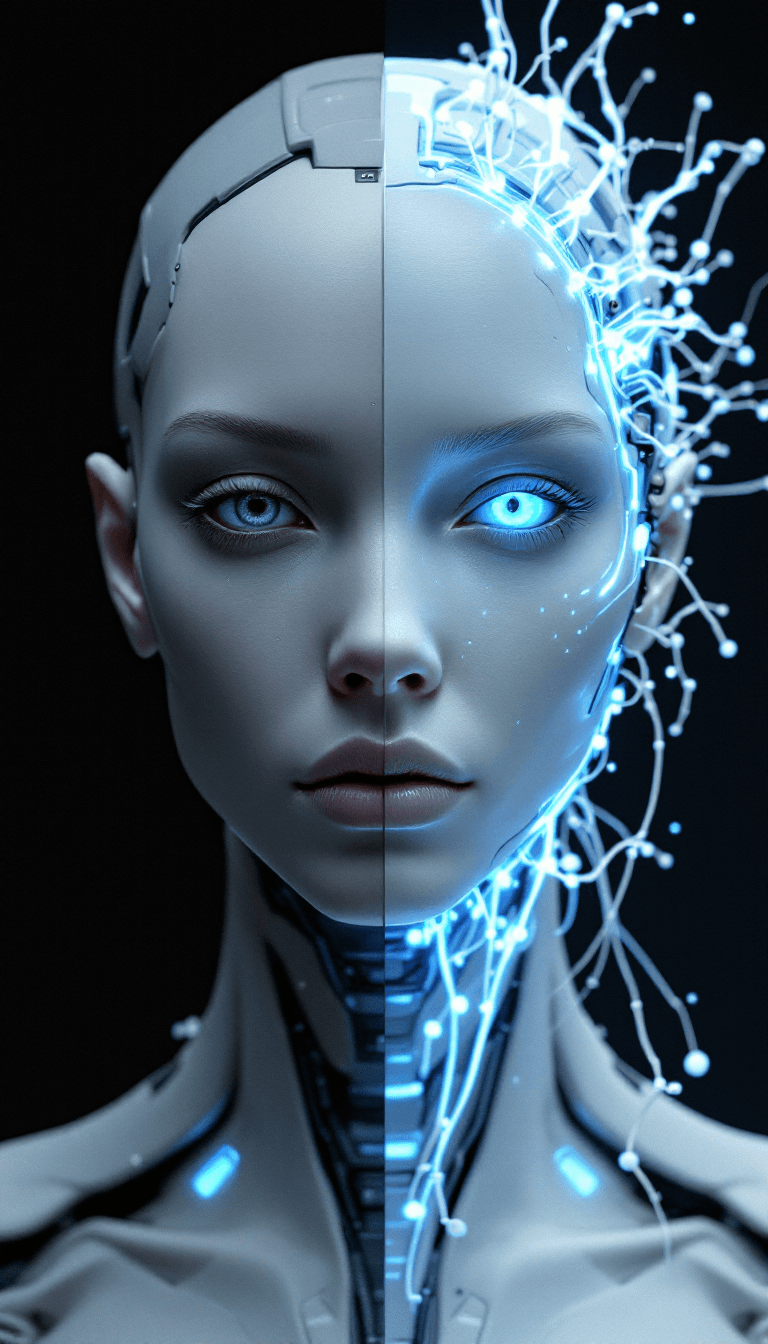 AI generated: Hyper-realistic mid-body portrait of a non-binary sentient artificial intelligence with completely n...