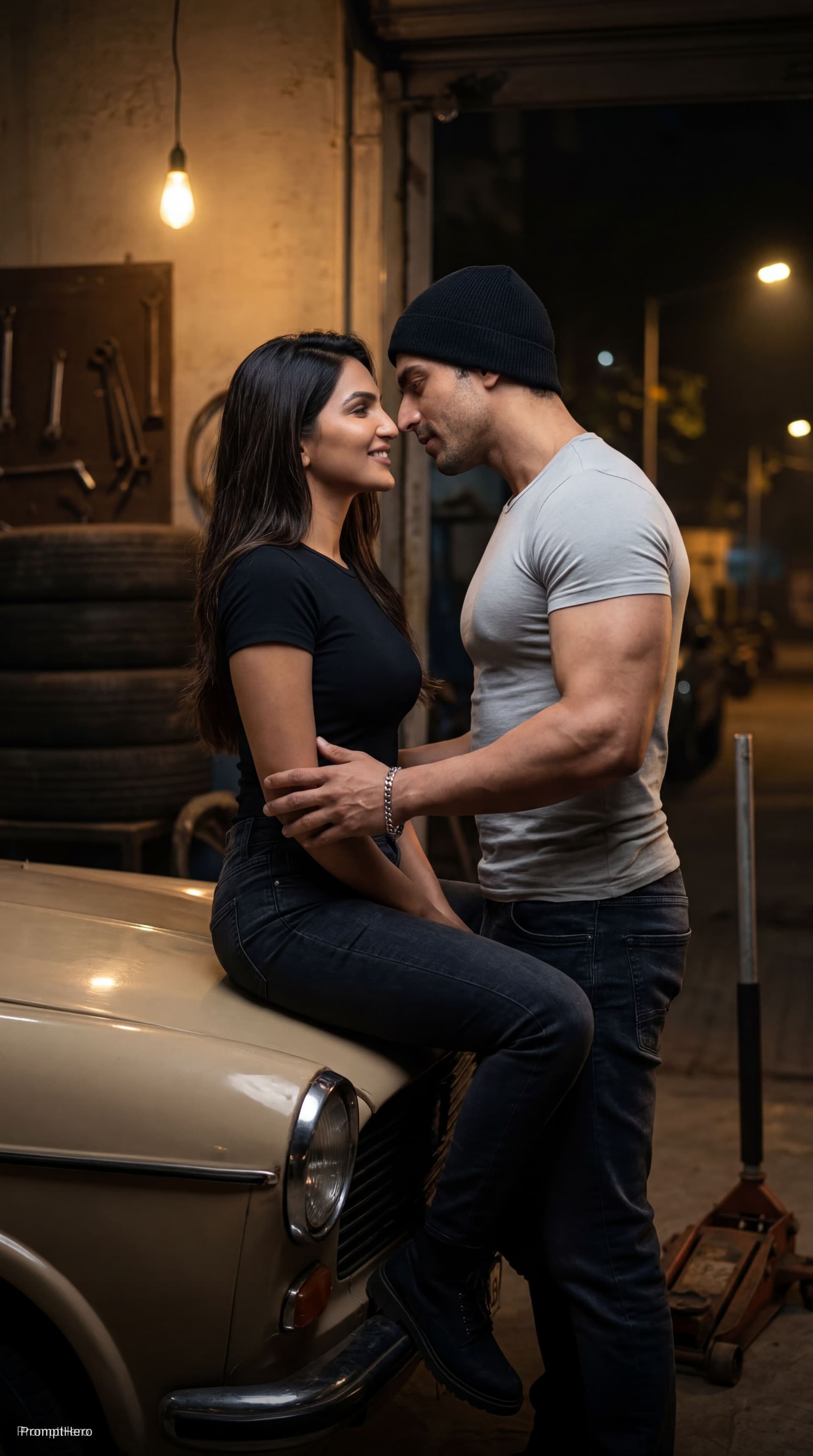 AI generated: Ultra-realistic Bollywood romantic scene of a stylish Indian couple sitting closely on the hood of a...