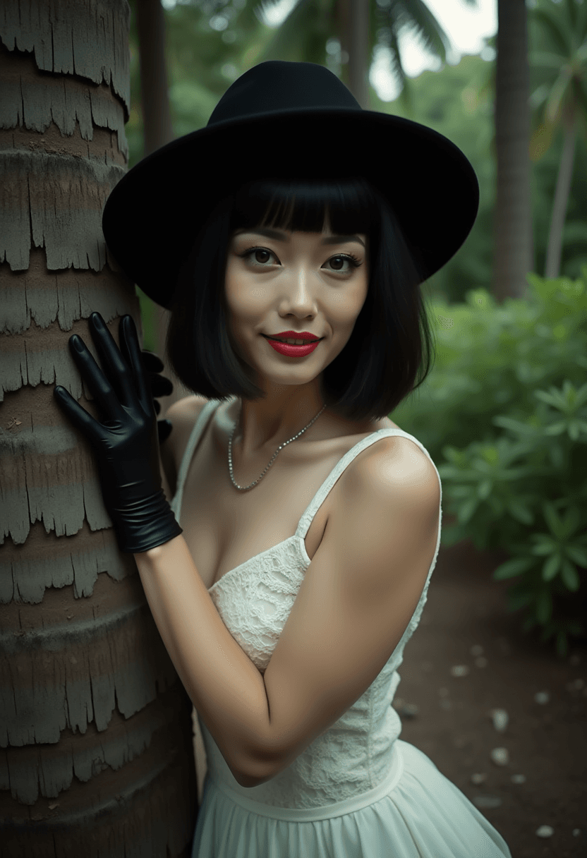 AI generated: photograph of a woman with a-line bob haircut, black hair, thin eyebrows, brown eyes, wearing a whit...