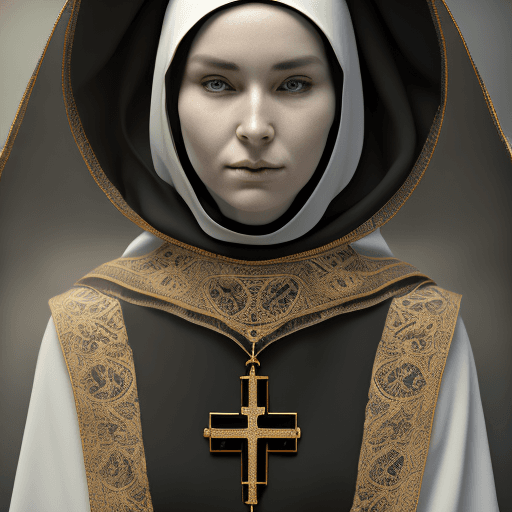 AI generated: Catholic nun clad in black hood and robe holds rosary in hand while in prayer, bathed in rays of lig...