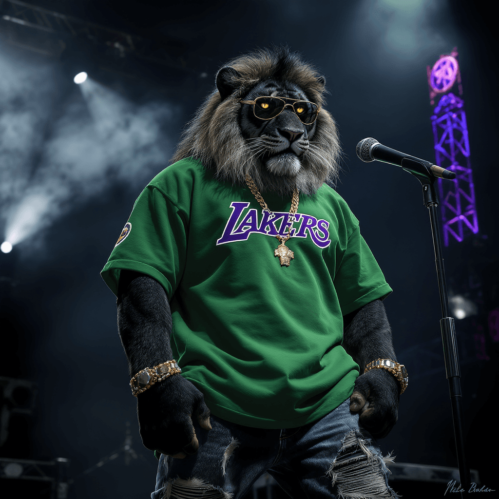 AI generated: A humanoid black striped Tiger  with fierce golden eyes, standing confidently on a concert stage und...