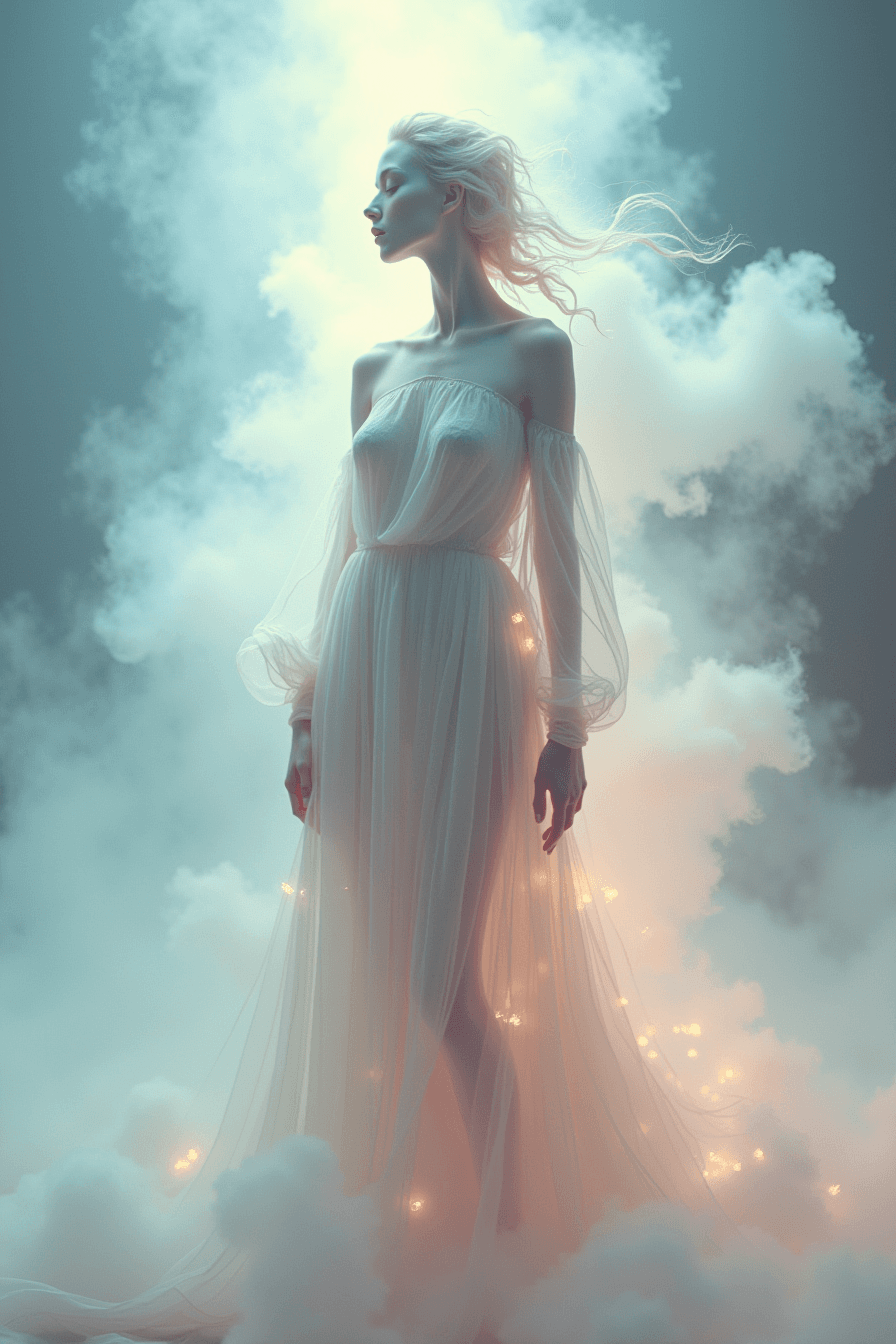 AI generated: ethereal full-body portrait of a divine surreal female figure, standing in a dreamlike abstract spac...