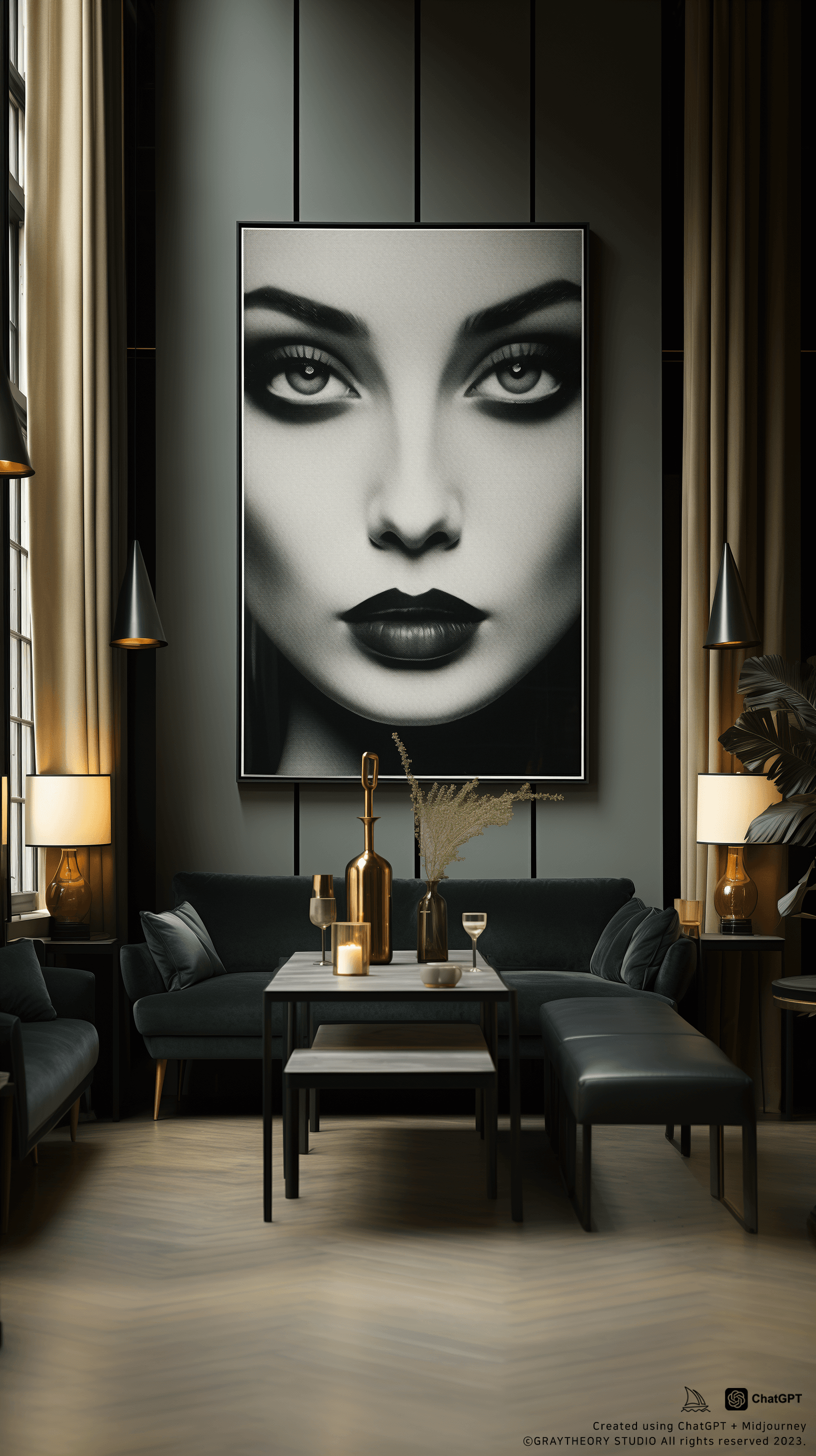 AI generated: eye level, photo, bar, minimalistic interior, abstract large art frame, office snapshot, frame magaz...