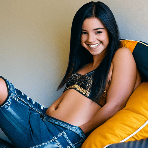 AI generated: naked, teen girl, long black hair, smiling, resting on stomach, legs up, small tits 