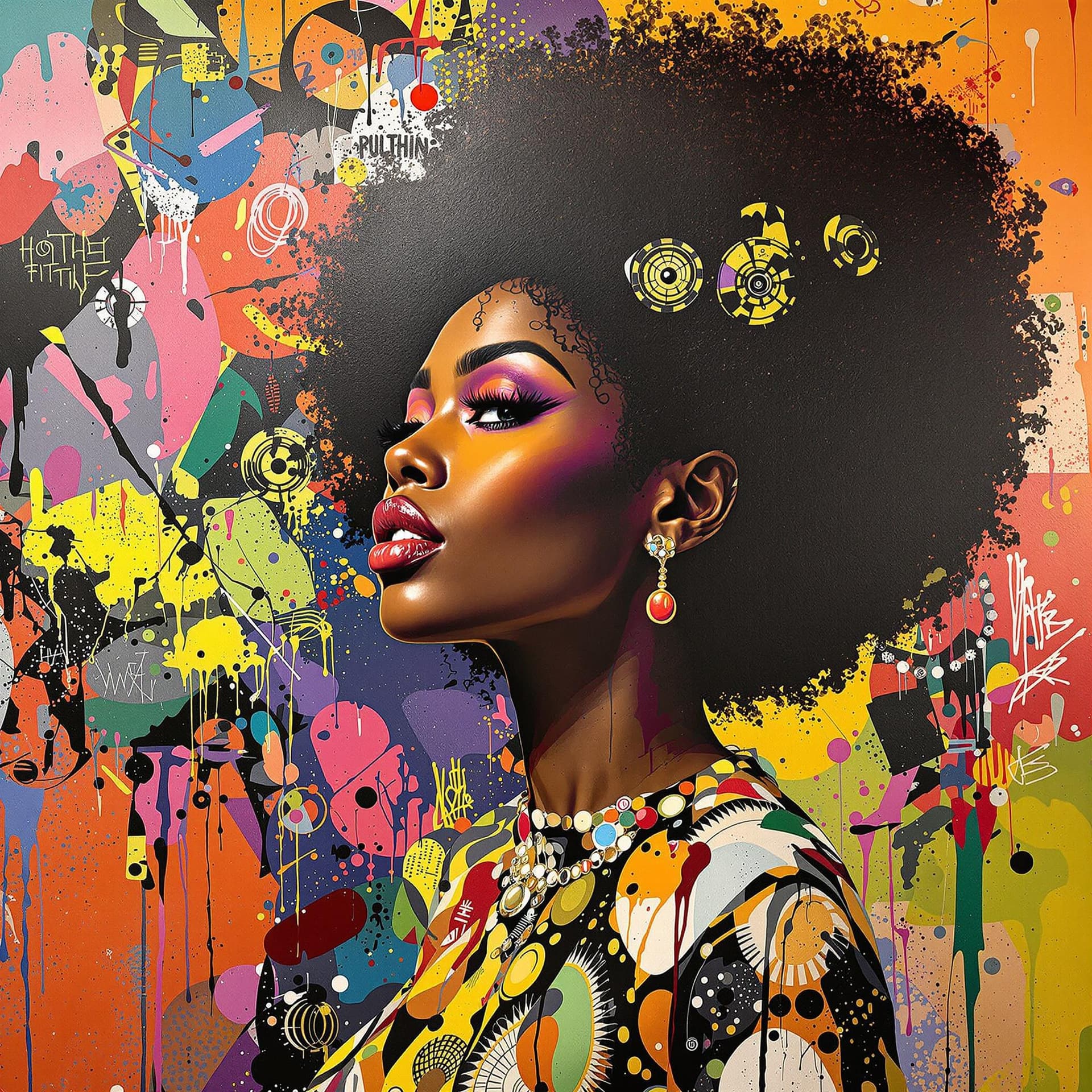 AI generated: african american woman sporting an afro-timeline is the 1970's-Contemporary representation of women'...