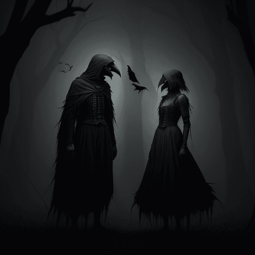 AI generated: Dialogue between a two scary crows, full body, mystical atmosphere, dark horror style, breathtaking,...