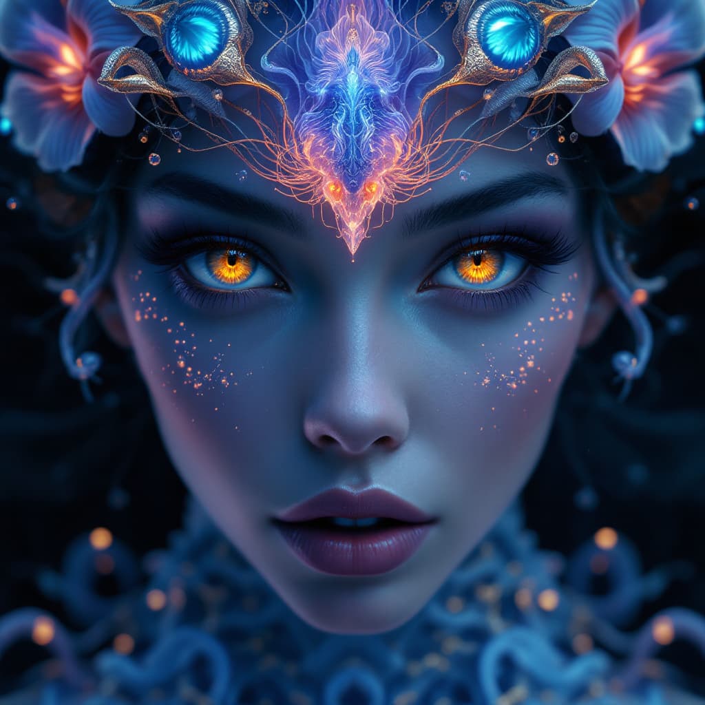 AI generated: Goddess close-up portrait ribcagel. jellyfish phoenix head, nautilus, orchid, skull, betta fish, bio...