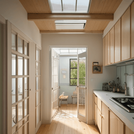 AI generated: High resolution photography kitchen design, wooden floor, small windows opening onto the garden, bau...