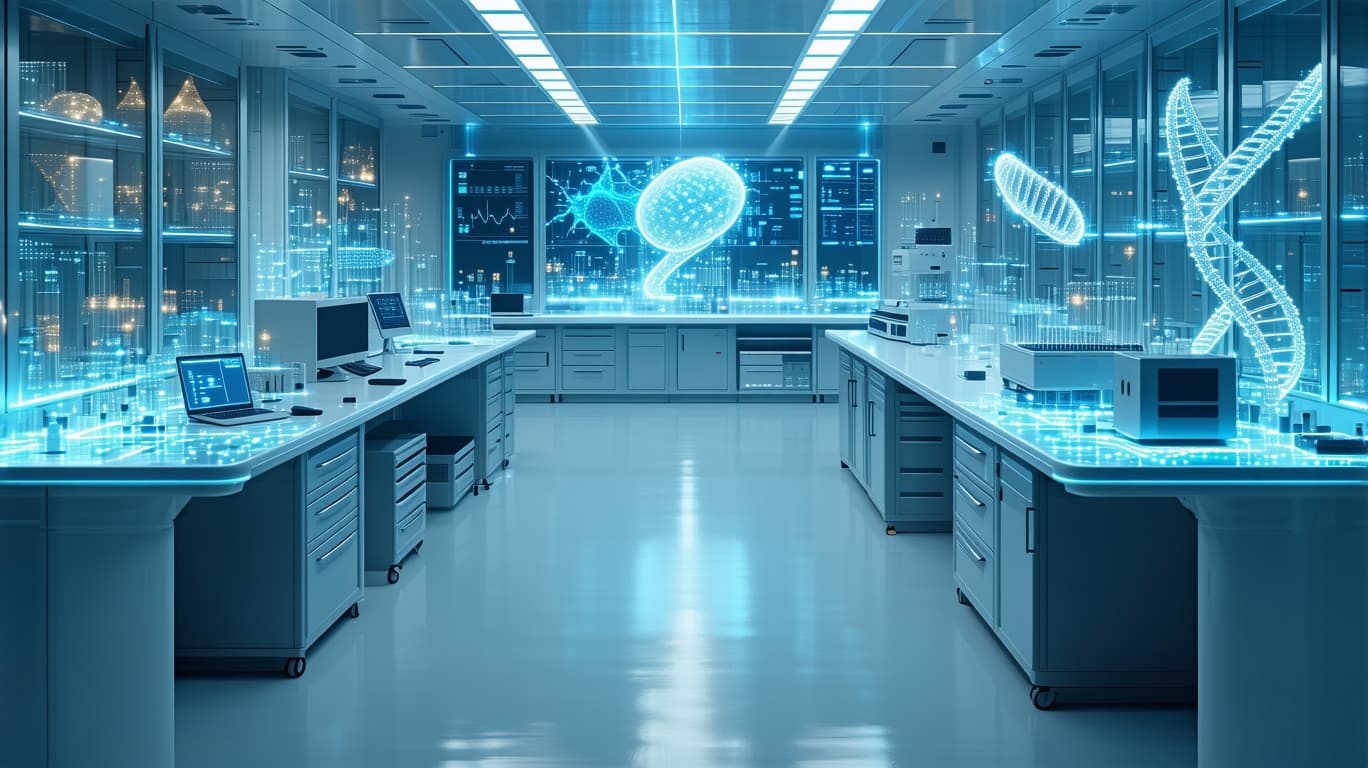 AI generated: /imagine prompt: Ultra HD 16K render of gene editing lab, CRISPR equipment with molecular-level deta...