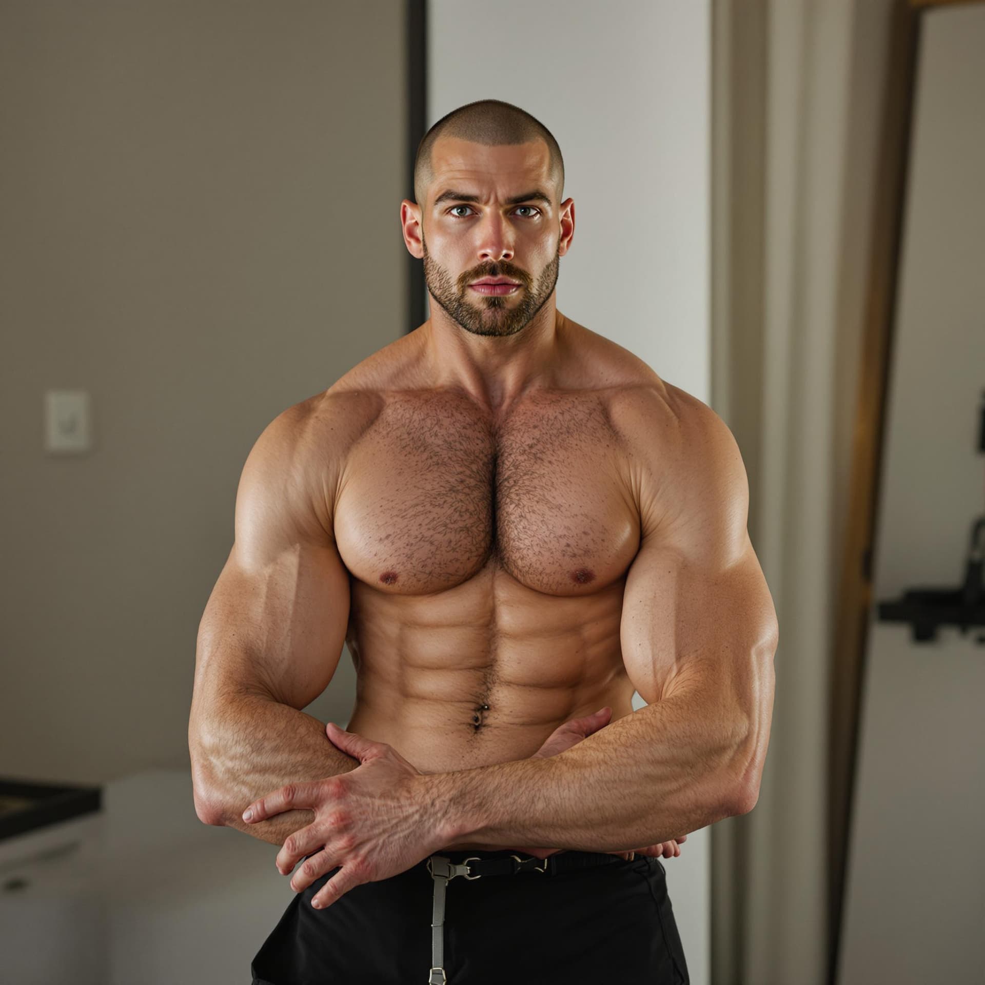 AI generated: Shaved Handsome muscular 40 year old russian dad wearing a jockstrap 