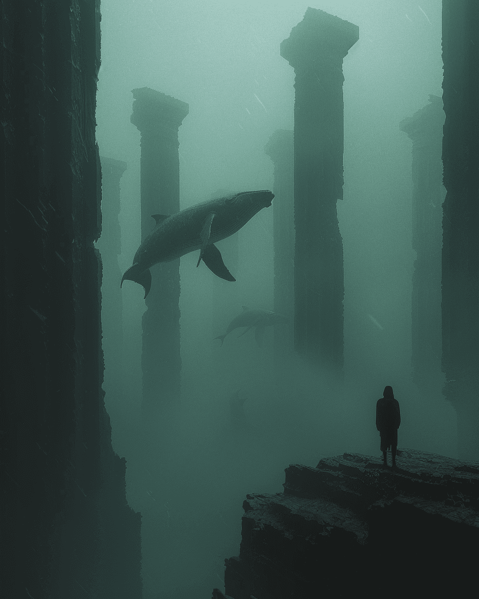 AI generated: A dark minimalist digital painting with fog, tall columns and flying whales in the style of minimali...