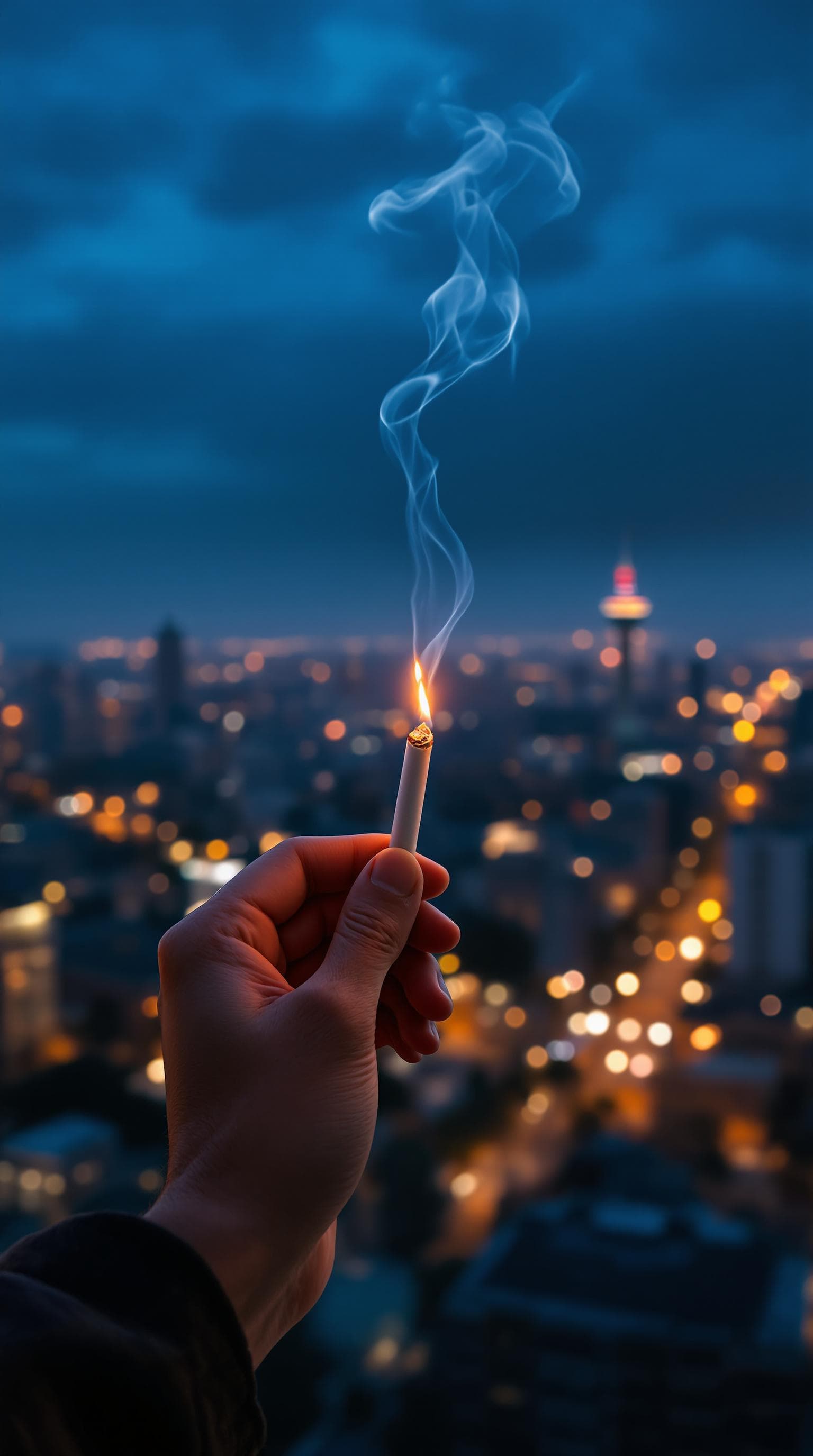 AI generated: POV first-person, I am standing by the open window, smoking a cigarette professionally. Only my hand...