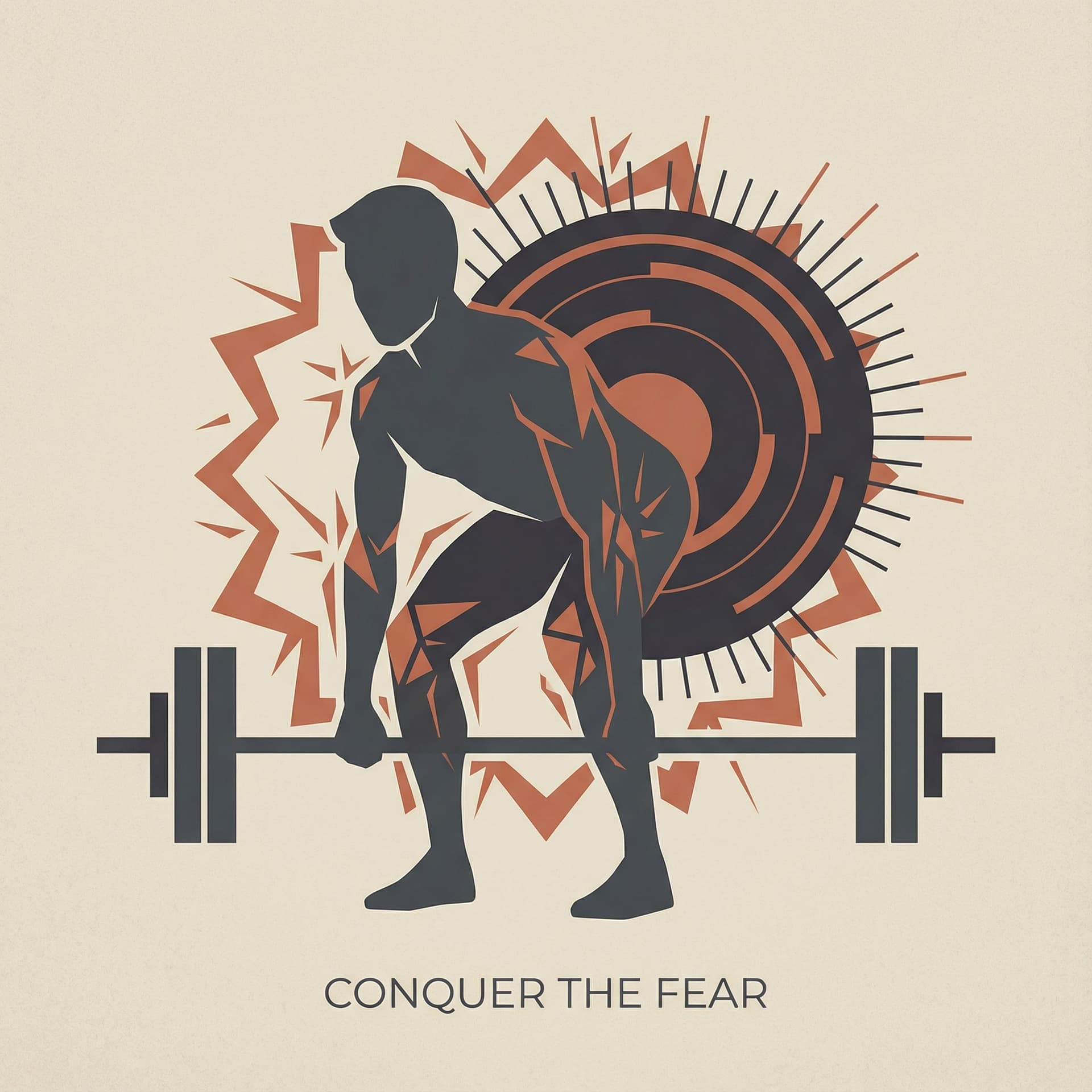 AI generated: Minimalist vector illustration in Charcoal Gray, Terracotta, and Beige. A faceless lifter silhouette...