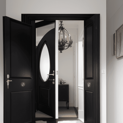 AI generated: an open double black door while entering a room 