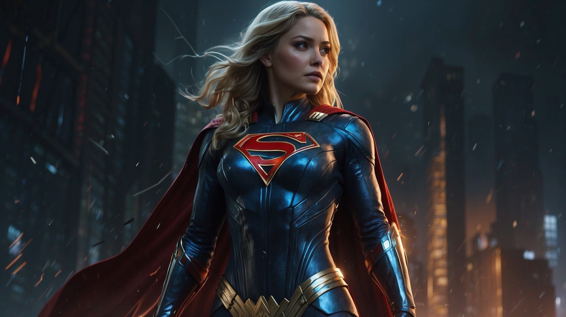 AI generated: a masterpiece, supergirl and wonderwoman from dc comic fused wearing alternate black costume, coy an...
