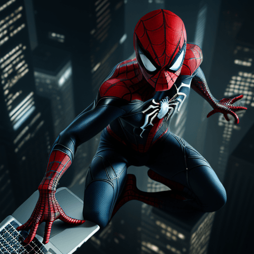 AI generated: 3d, dark futuristic, spider man, focus, laptop, technological, shot from above, full body, intricate...