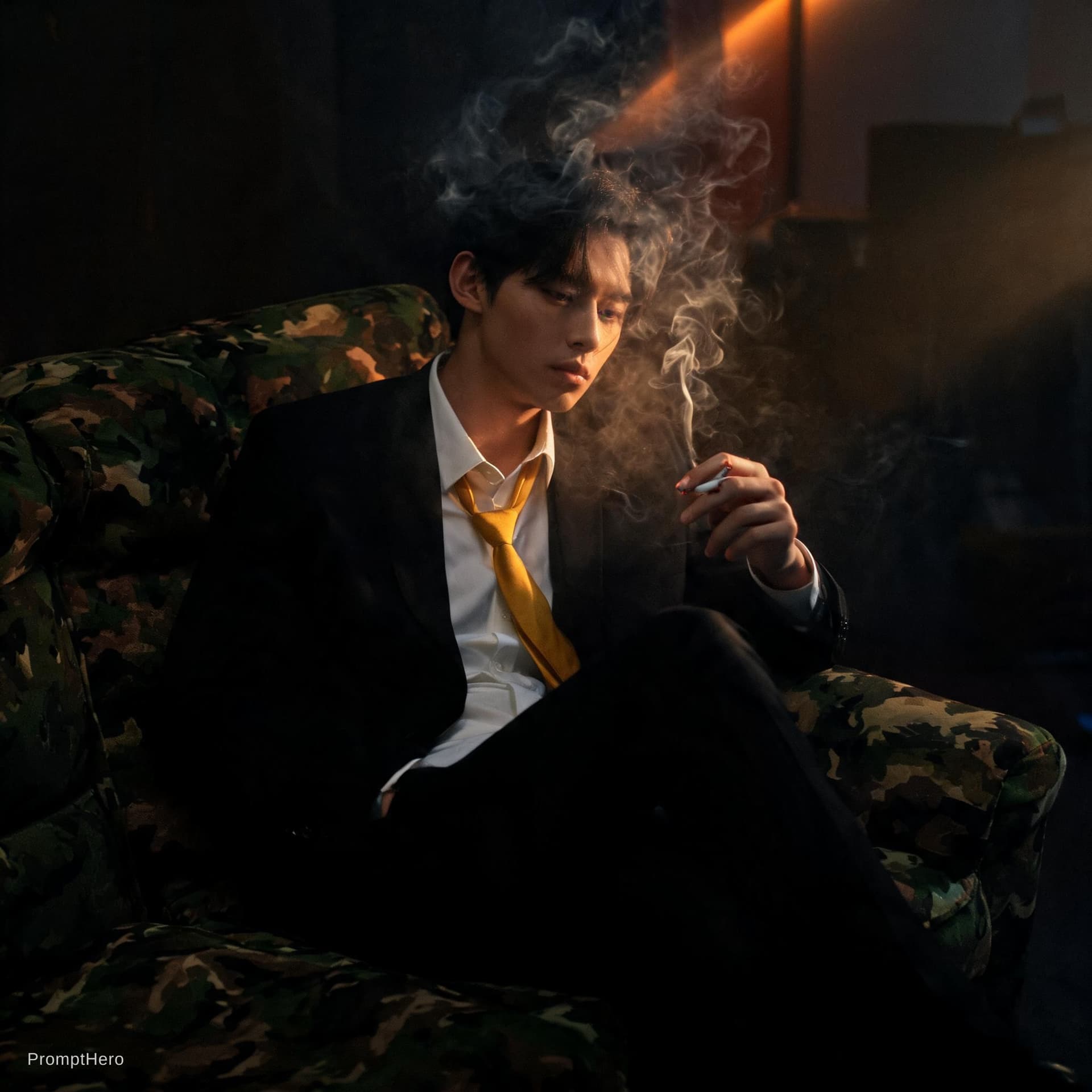 AI generated: photography, cover shoot, dimly lit room with a hazy atmosphere, capturing a professional male model...
