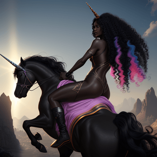 AI generated: Photo of a ultra realistic black woman riding on the back of a unicorn, she has long curly black hai...