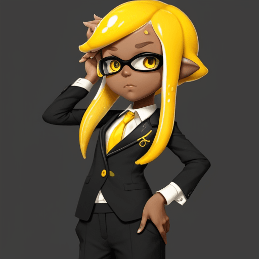 AI generated: splatoon, inkling girl, dark skin, yellow hair, short hair, formal clothes, 