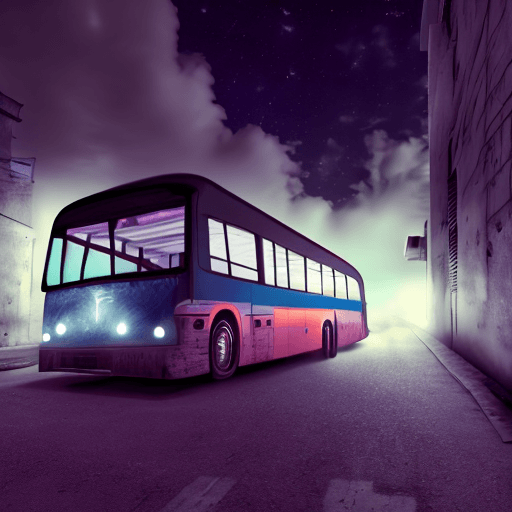 AI generated: side view of a long strange bus at a distance, in a dark alley, in the middle of the night, moonligh...