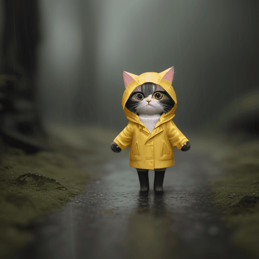 AI generated: tiny cute (happy1.4) cat in a (yellow raincoat1.3) in the woods, rain, a character portrait, Tilt-sh...