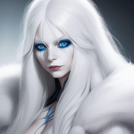 AI generated: Woman, 25, long white hair, blue pupils, white fur jacket, villain, natural makeup