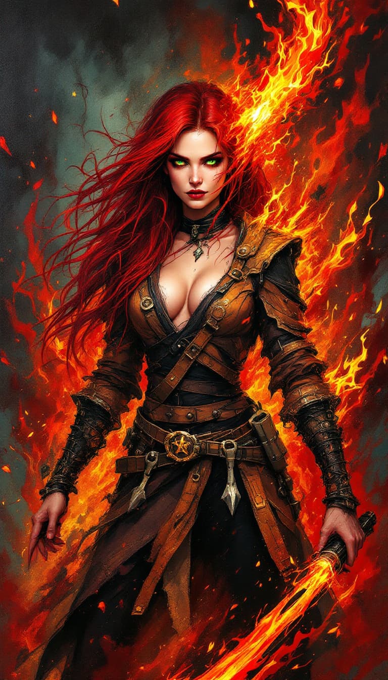 AI generated: "Crimson Pyromancer in a Forged Vortex": A captivating abstract painting showcases a pyromancer, exh...