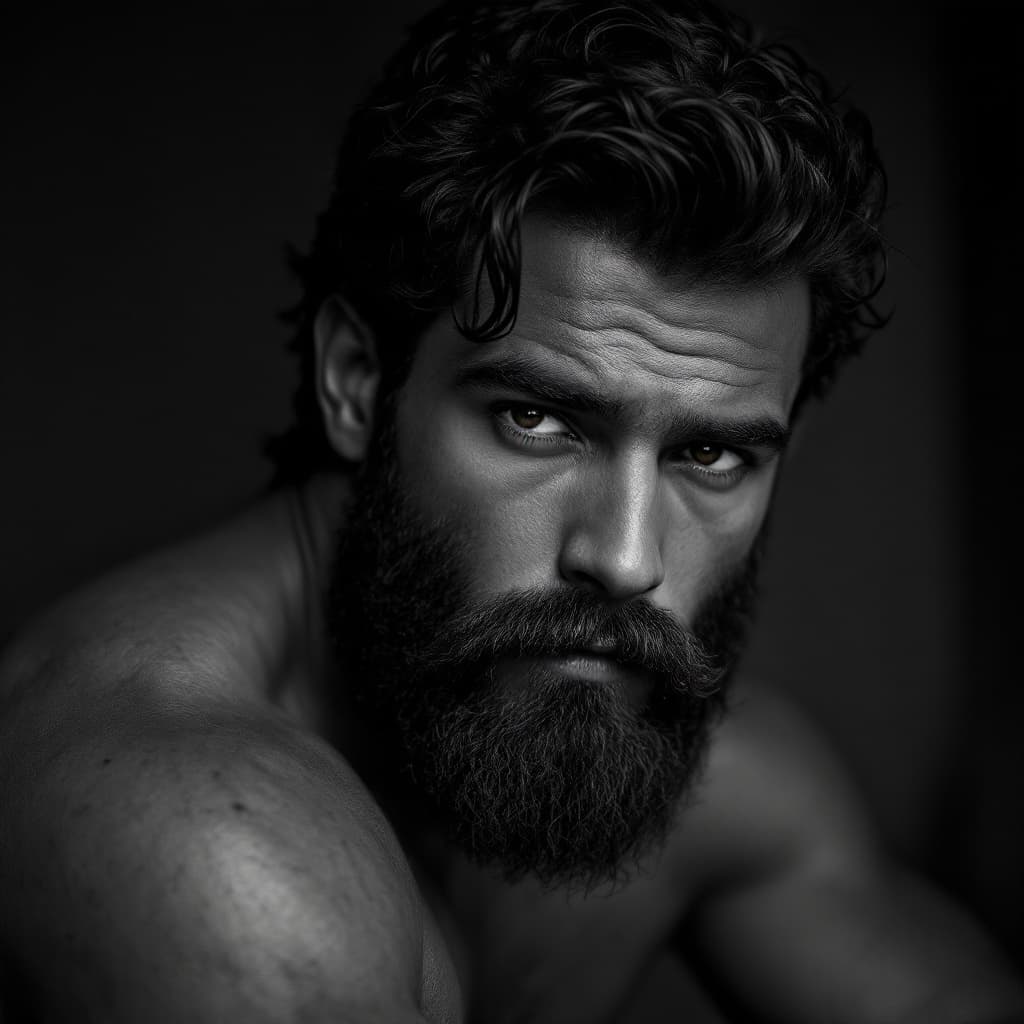 AI generated: A black-and-white photo of a young handsome man with full beards dark skinned, abs fit, in the style...