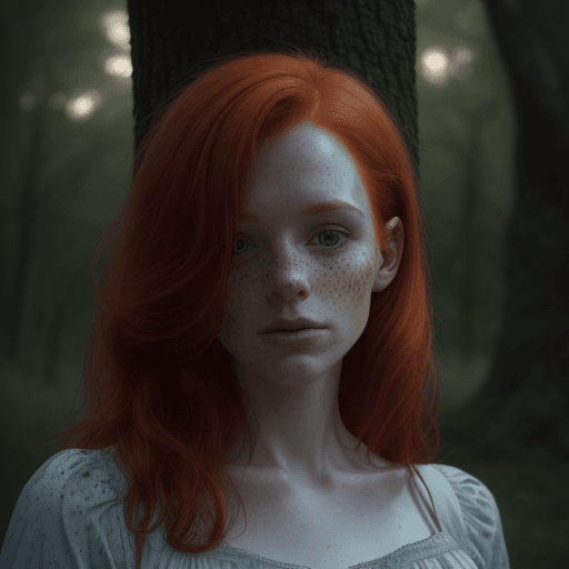 AI generated:  A portrait of a 30-year-old redhead, facing the camera straight on, a few freckles, in a nightie le...