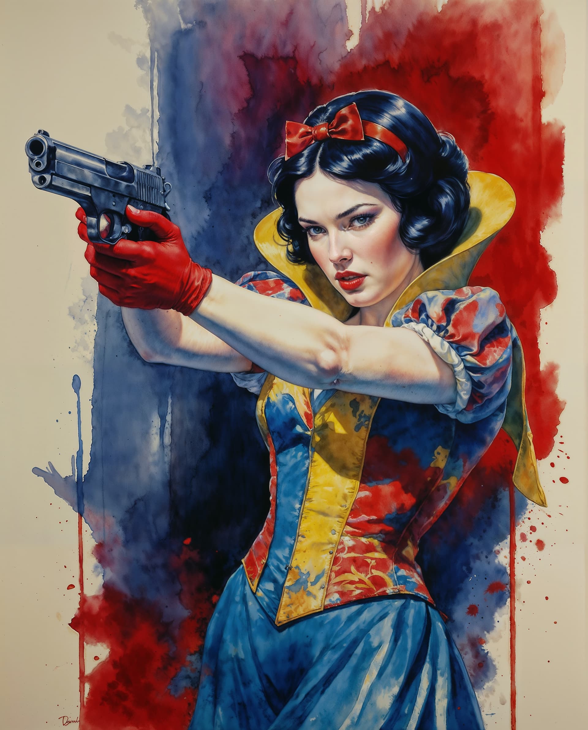 AI generated: A captivating and dynamic portrayal of Snow White as a fierce femme fatale, wielding a pair of intri...