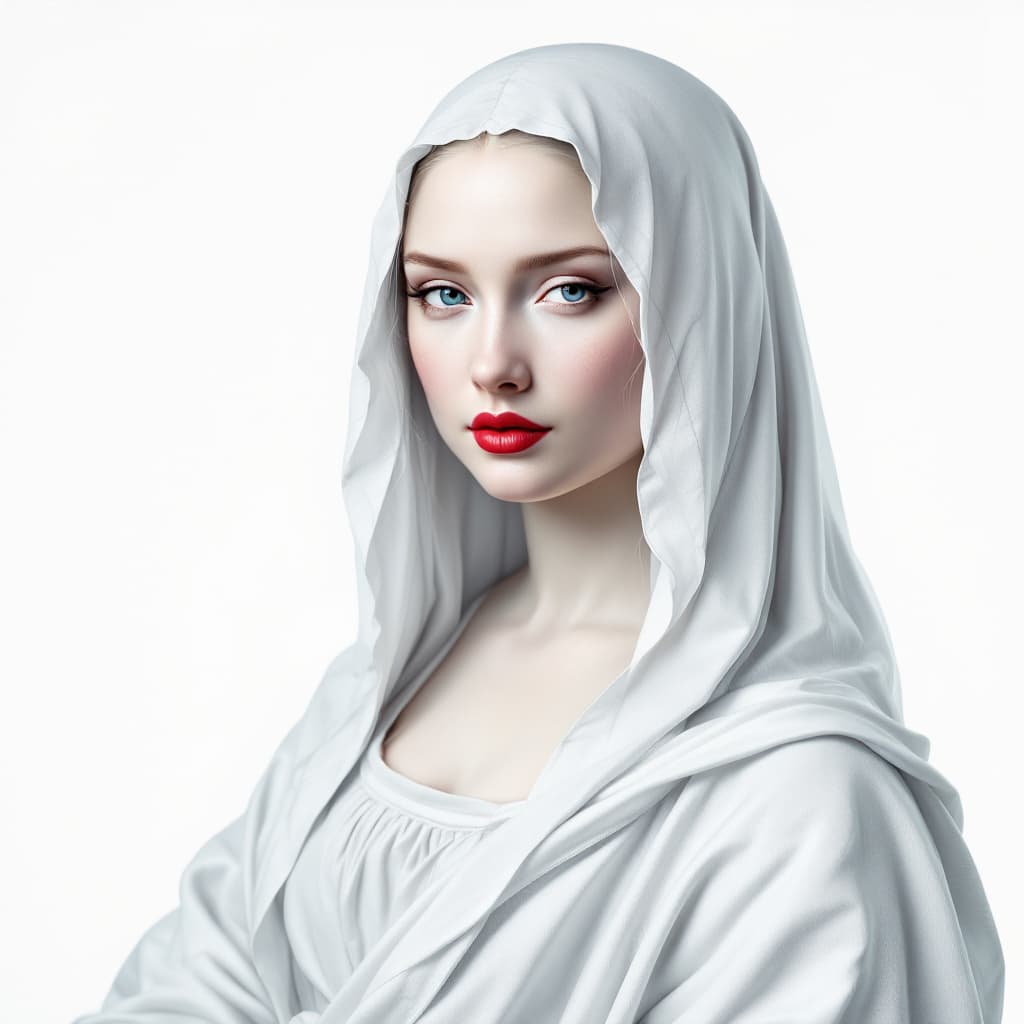 AI generated: white background, beautiful portrait of Mona Lisa in white and silver colors, with red lipstick, in ...