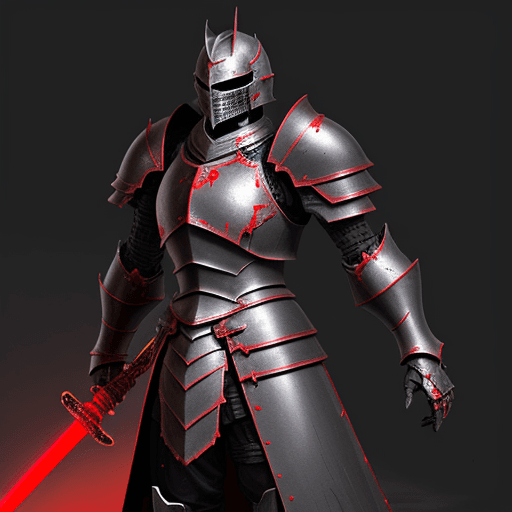 AI generated: Black Knight, Battle damaged Armor, A Crimson colored Long Sword