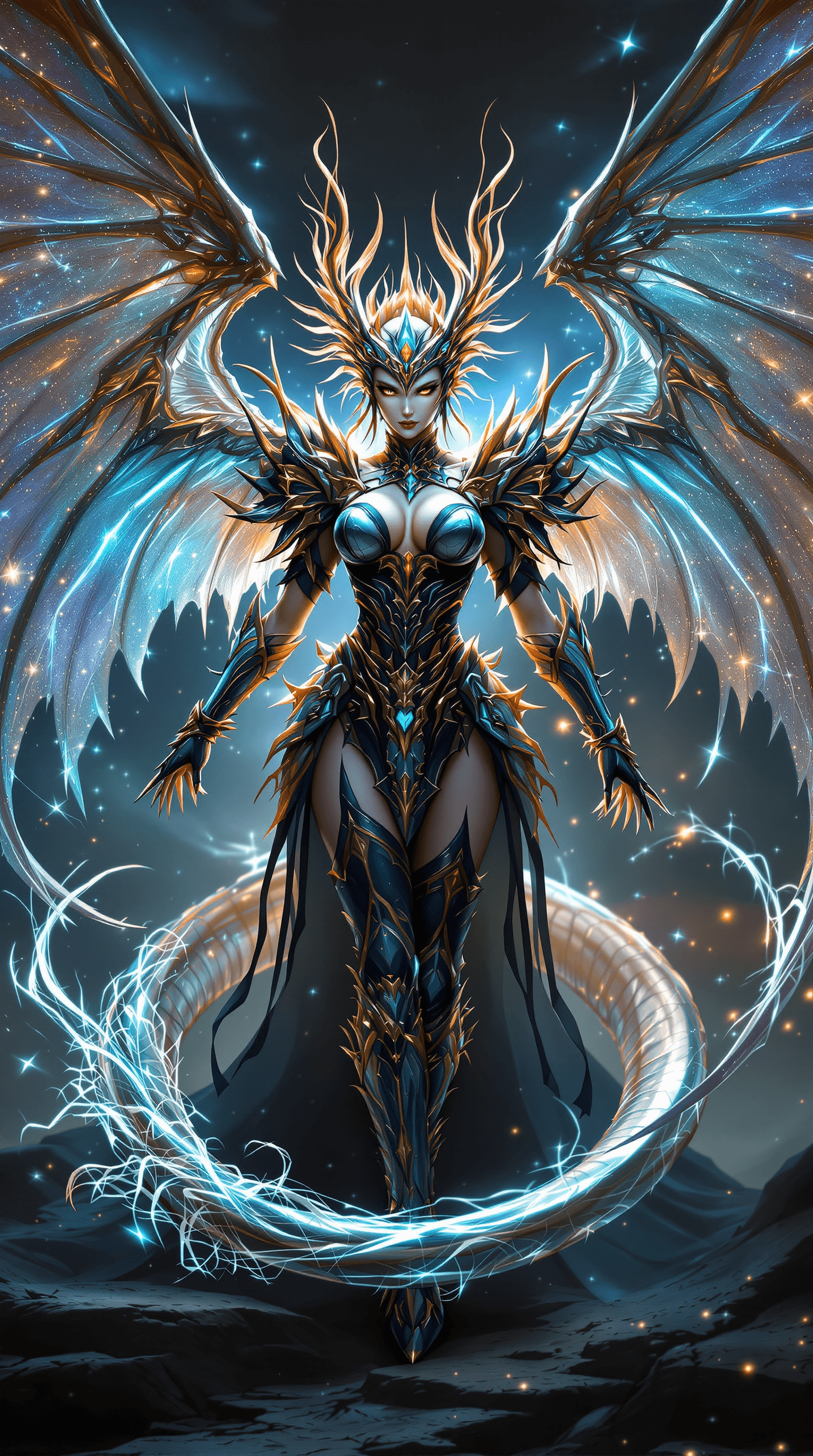 AI generated: final fantasy, babe, fantasy big beautifull dragon wings armor with extrem many dettails and accesor...