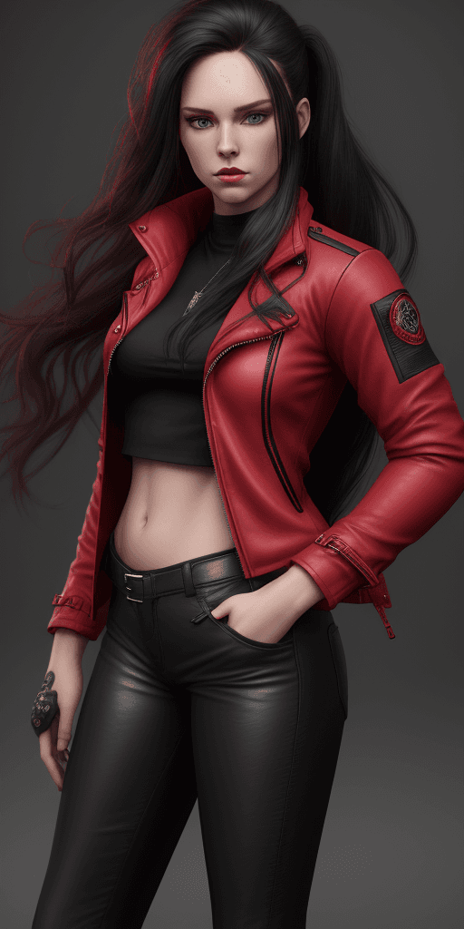 AI generated: Amy Johnston, (red jacket:1. 4), (black pants:1. 5), (long hair:1. 4), black shoes, leather outfit, ...