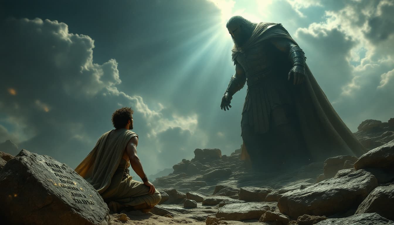 AI generated: "Uma cena épica e cinematográfica onde Davi encara Golias com confiança inabalável. O jovem pastor s...