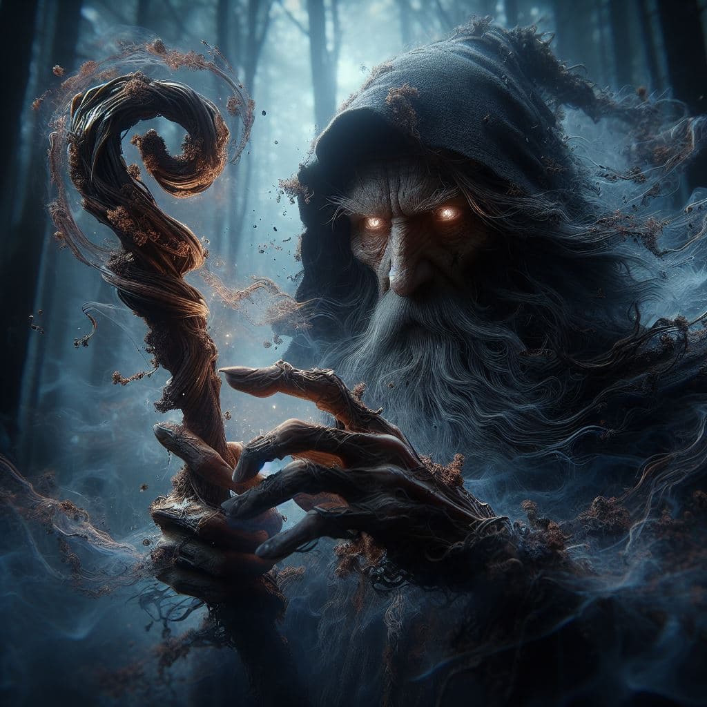 AI generated: In a dark, mist-shrouded forest, Malakai, a cunning, shape-shifting sorcerer, weaves intricate spell...
