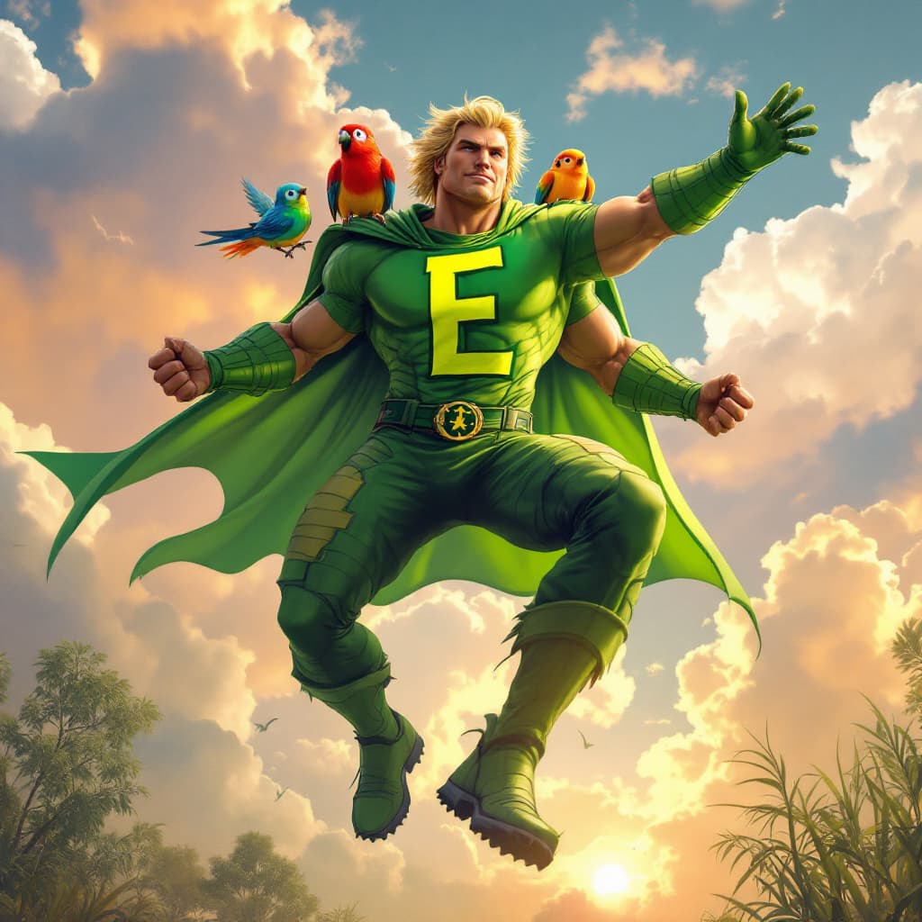AI generated: A superhero who flies with a green cape, lots of muscles, and big capital letter E on his chest know...