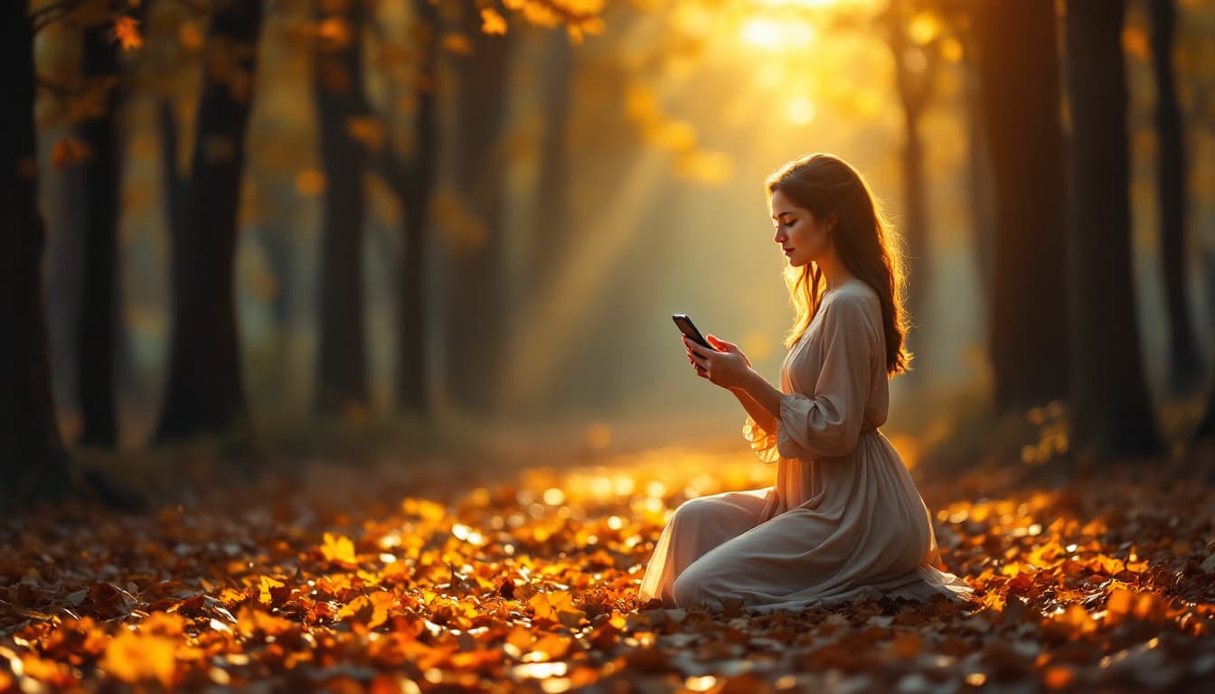 AI generated: In a serene autumn forest, a womans silhoutte in a flowing beige dress kneels on a carpet of orange ...