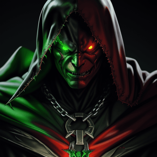 AI generated: Spawn, glowing green eyes,red ripped cape and chains, Created by Todd McFarlane, intricate, dim ligh...