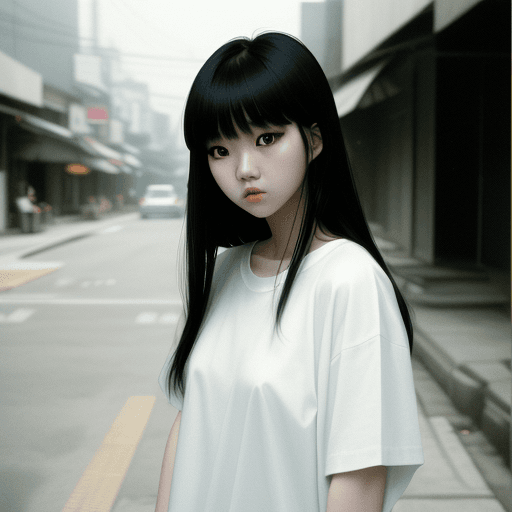 AI generated: A pretty South Korean girl wearing an oversized fashion white t-shirt on a street, cut bangs with lo...