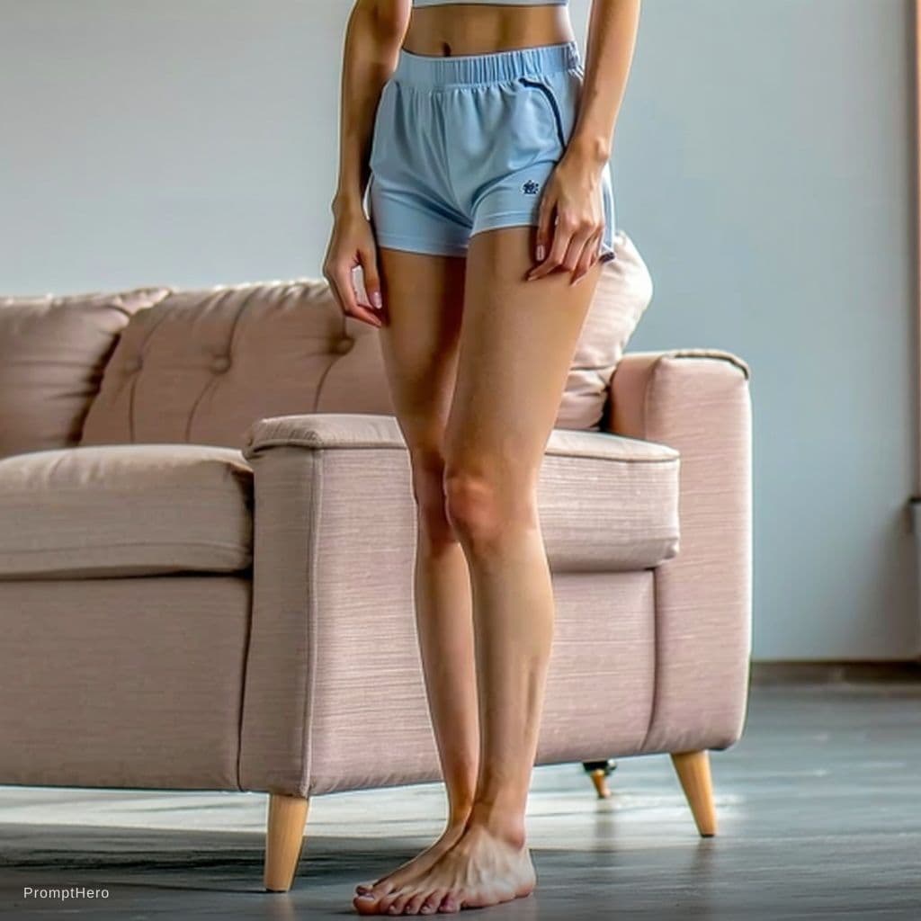 AI generated: Shorts and sports bra 
On foot up showing soles one down showing toes 
Feet as in reference picture 