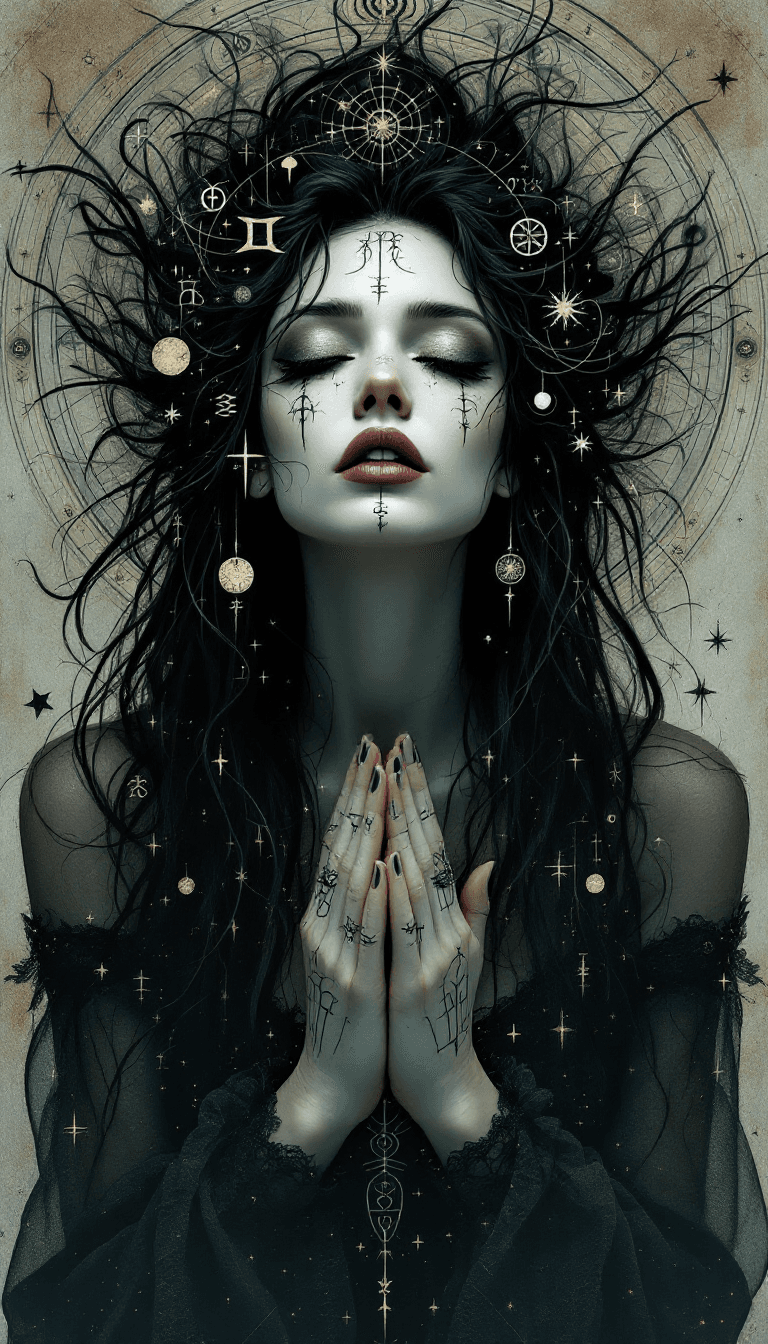 AI generated: A surreal and gothic portrait of a woman with long, dark, wild hair intertwined with intricate celes...