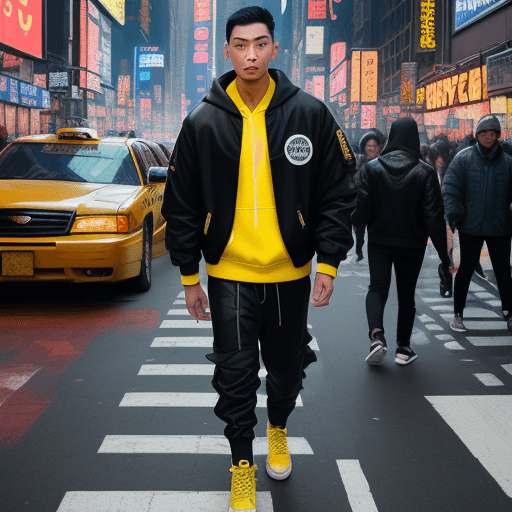 AI generated: An Asian-featured model walks through the most iconic streets of New York City, surrounded by skyscr...