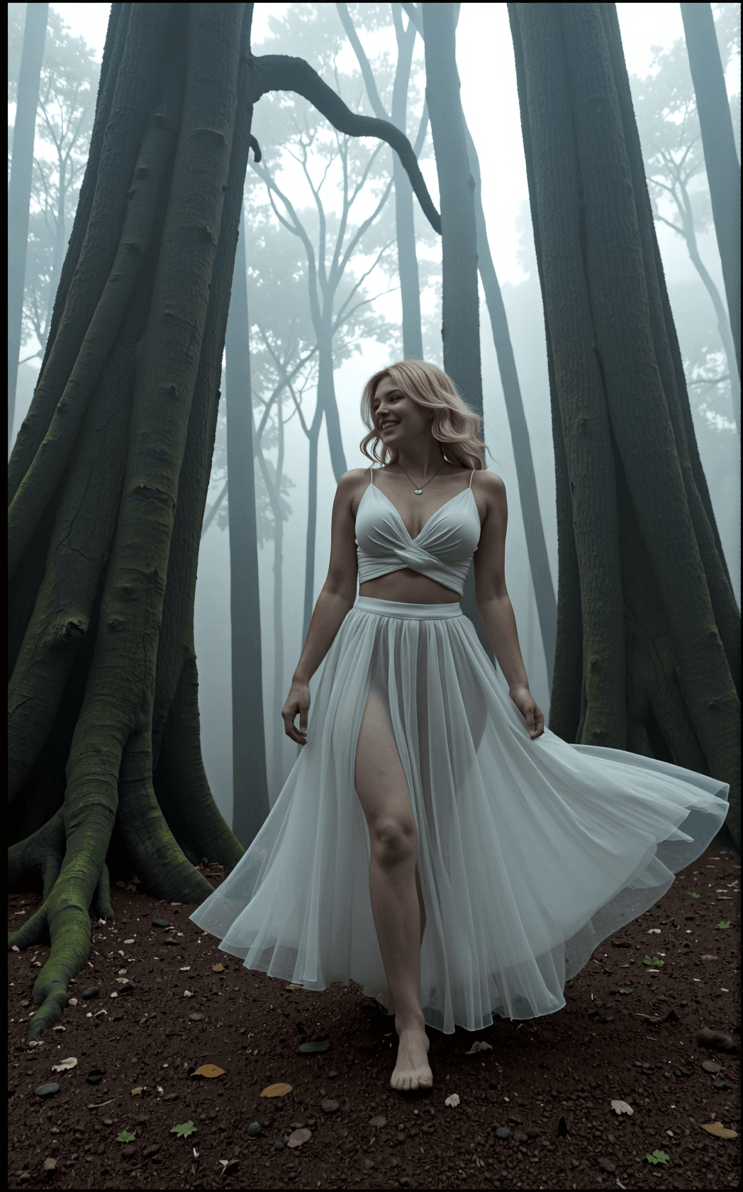 AI generated: Moonlit forest bathed in misty silver light, grainy documentary texture capturing a curvy blonde wit...