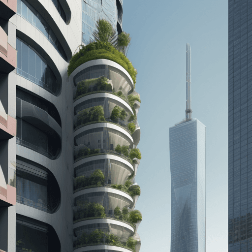 AI generated: A futuristic skyscraper with a natural theme in the shape of a cone each floor of the skyscraper has...