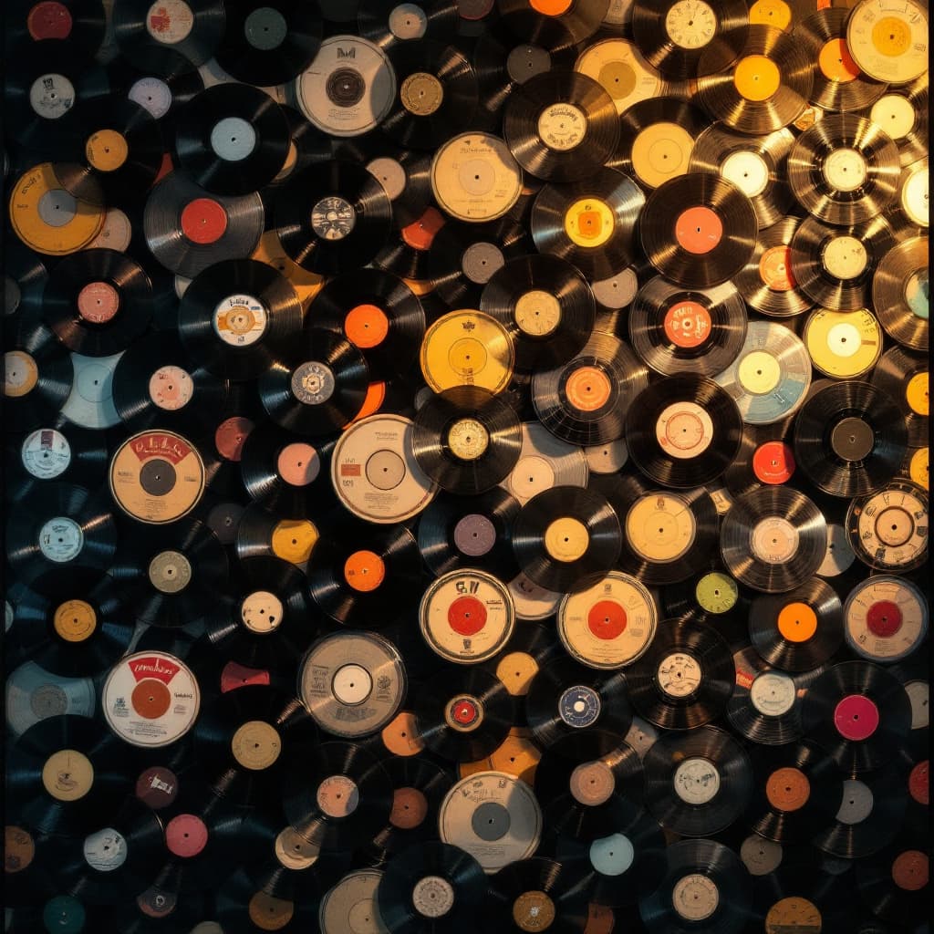 AI generated: “A full wall covered in vintage vinyl records arranged in a perfect grid, realistic lighting and sha...
